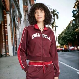 Coca-Cola Women's L Maroon Embroidered Logo Full Zip Cropped‎ Track Jacket NWT